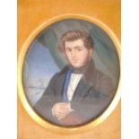 19thC English School. Portrait miniature of a gentleman, quarter profile, in jacket with river in th