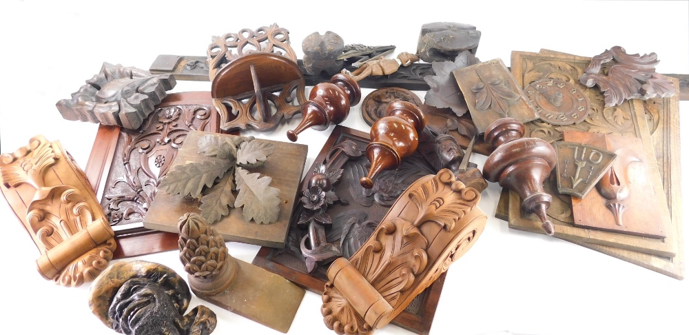 Various treen mouldings, finials, 20cm high, scroll work, heavily carved panel, various other treen,