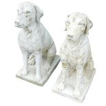 A pair of modern concrete composite garden ornaments, formed as seated Labradors on rectangular base
