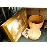 Large peach coloured jardiniere and smaller, various pictures oil, framed cigarette cards, prints, e