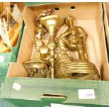 Various brassware, miner figure, pair of candlesticks, etc. (1 box)