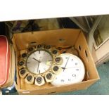 A retro Metamec sunburst style clock, a Smith's wall clock, etc. (2 boxes)
