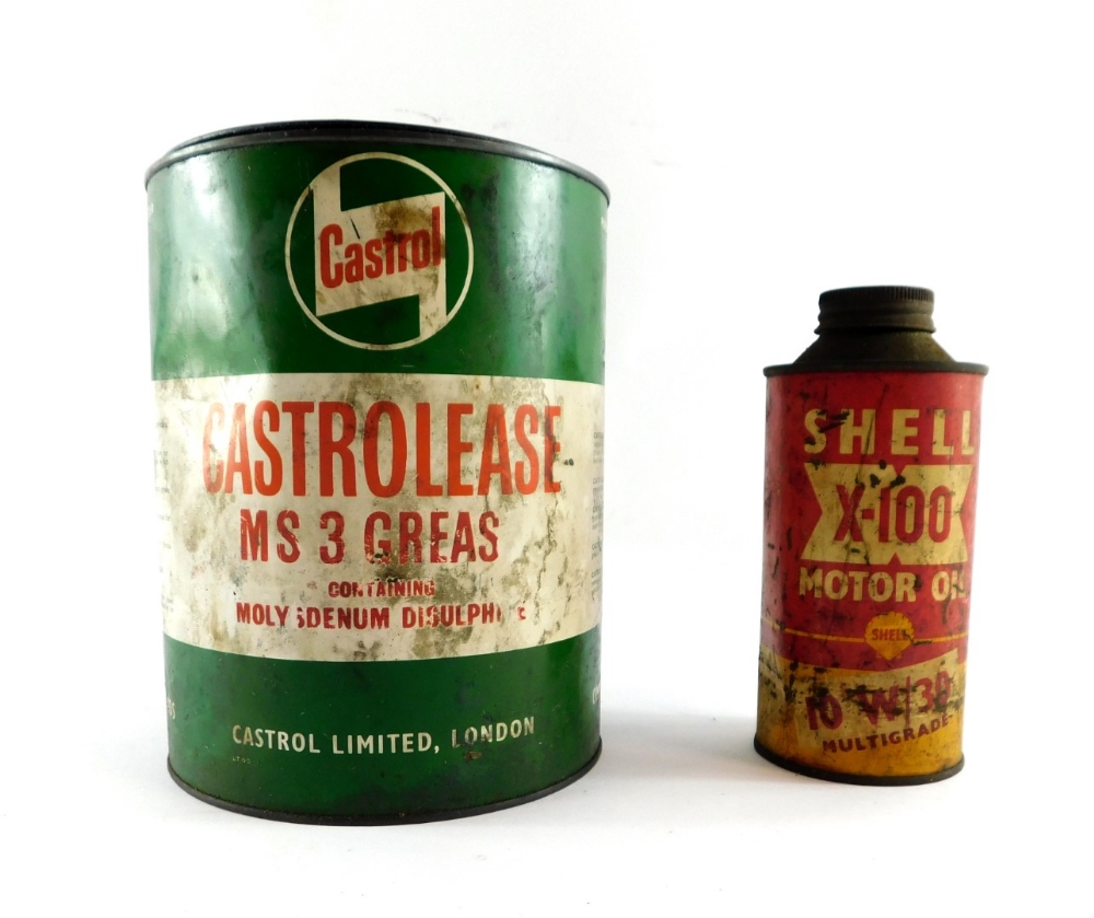 A Castrolease grease tin, and a Shell X100 motor oil tin. (2)