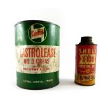 A Castrolease grease tin, and a Shell X100 motor oil tin. (2)