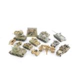 A group of kit built armored vehicles, tanks machine guns, figures, stage sets, etc. (1 box)