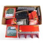 Hornby OO gauge accessories, including viaduct, transformers, boxed points, track sidewalls, unboxed