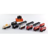 OO gauge rolling stock, Esso and Shell tankers, three flat bed carriages, Tri-ang fuel wagon, etc. (
