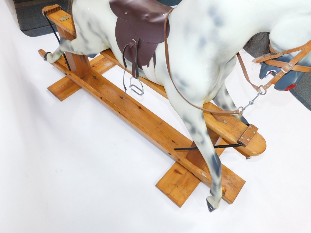 A Haddon Rockers rocking horse, the dappled horse with a maroon leather seat, on a pine base with Ha - Image 5 of 5