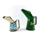 Two oil cans, to include a green Castrol quart can and a BP antifreeze white enamel can. (2)