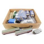 A group of Hornby OO gauge, to include carriages, brick bed, signal cabin, Saxa Salt wagon, brake va