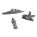 Lead army figures, submarine, naval officer and figure on a horseback. (3)