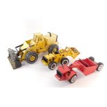 A group of Tonka Toys, comprising a yellow Tonka truck, yellow digger, and a red truck. (3)