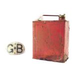 A vintage red petrol can, and a GB car sign. (2)