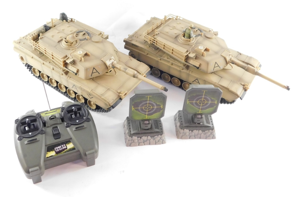 Two Forces of Valour armoured tanks, with one remote control and two targets, boxed.