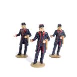Three hand painted lead cast Victorian Two Penny Postmen, 10cm high.