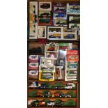 A group of die cast cars and vehicles, Coca Cola bus, Harley Davidson motorbikes, vintage classics,