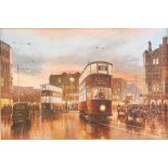 Don Brecken (20thC School). Tram scene, print on board, signed and dated 79, 50cm x 75cm, framed.