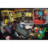 A group of die cast play worn cars, agricultural vehicles, buses, tanks, Tonka tipper truck, etc. (1