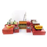 A group of Hornby Trains O gauge tin plate accessories, railway signal box, carriages, wagons, buffe