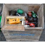 Various tools, including oil cans, funnels, a jack, grease guns, etc. (1 box)