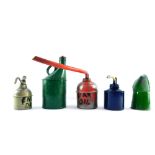 Five various oil cans, comprising; three spray bottles and two green enamels cans. (5)