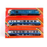 Hornby OO gauge class 37 37130, in BR blue livery, and two Intercity coaches R751, R921 and R922.