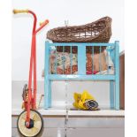 A Lew-Ways scooter, blue painted dolls crib and a Moses basket. (3)