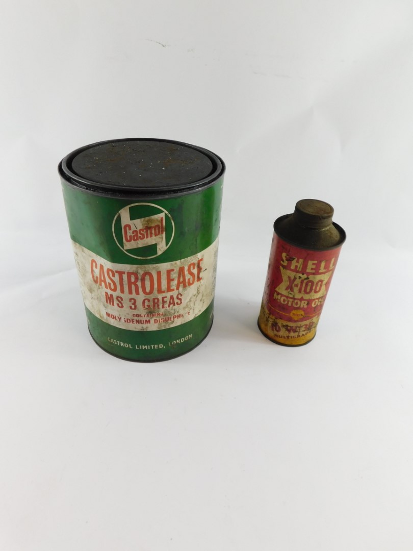 A Castrolease grease tin, and a Shell X100 motor oil tin. (2) - Image 2 of 3