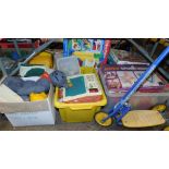 Toys and games, to include a Fisher Price School Days desk, knitted toys, Fisher Price dumper truck,