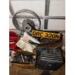 A group of automobilia parts, exhaust pipes, wheel, BMW case, speed gauges, etc. (a quantity)