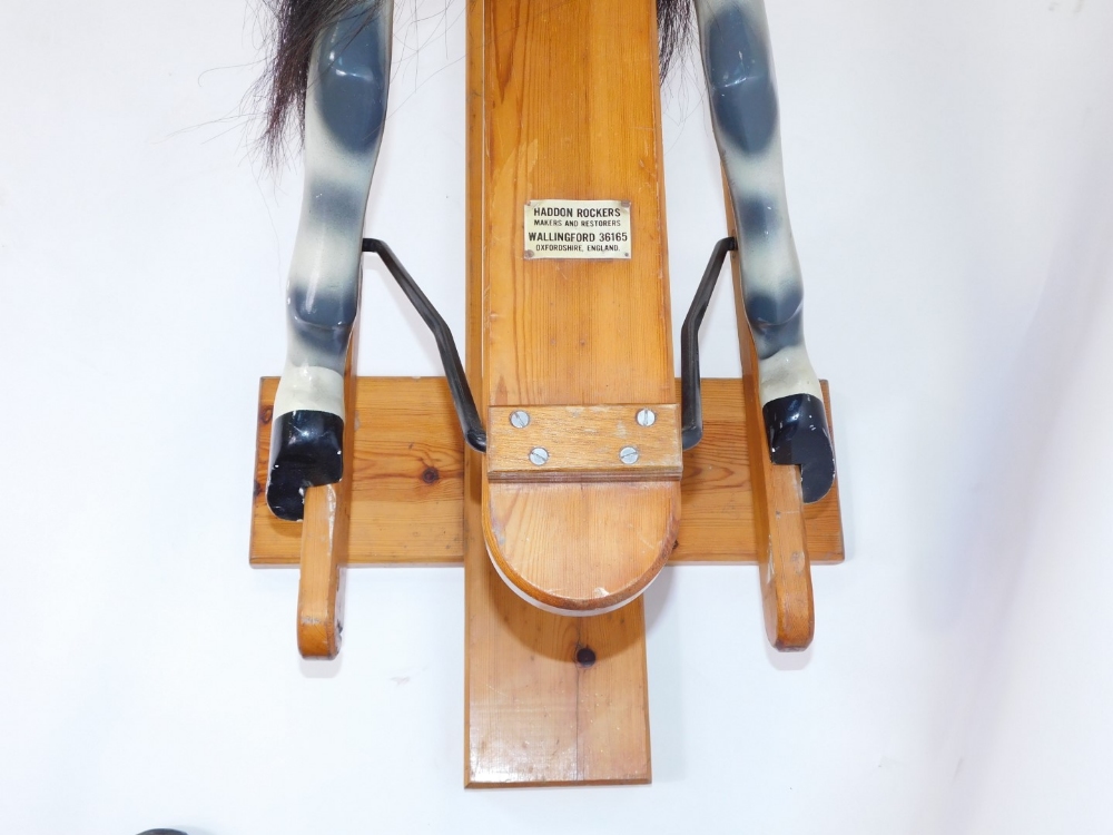 A Haddon Rockers rocking horse, the dappled horse with a maroon leather seat, on a pine base with Ha - Image 4 of 5