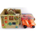 Toys and games, a Barbie buggy, a Fisher Price Activity centre, Teddy Bear wall clock, Hobby's Desi