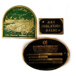 Three brass boat plaques, comprising Foxton 'The Foxton Inclined Plane', together with Gas Isolation