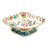 A 19thC Chinese Canton porcelain lozenge shape footed dish, decorated with figures and butterflies i