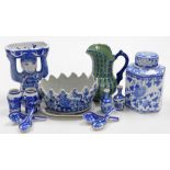 A group of Chinese blue and white pottery and porcelain, including a hexagonal canister and cover, r
