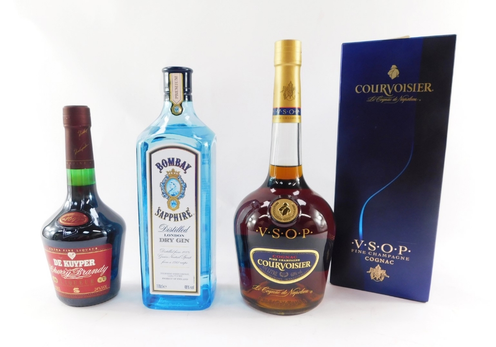 Three bottles of alcohol, comprising De Kuyper liqueur, Bombay Sapphire London Dry Gin, 100cl bottle