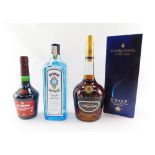 Three bottles of alcohol, comprising De Kuyper liqueur, Bombay Sapphire London Dry Gin, 100cl bottle