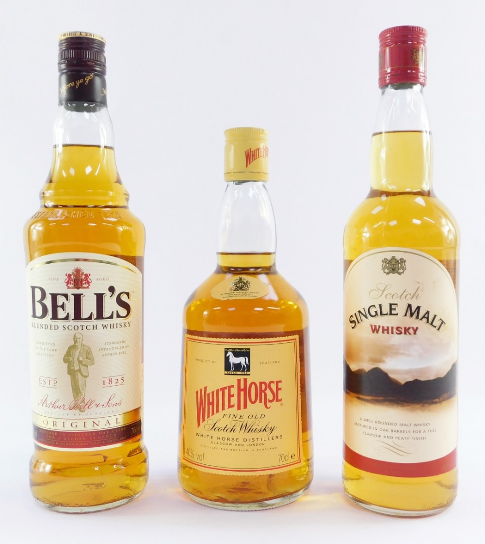 Three bottles of whisky, comprising Scotch Single Malt Whisky, Bell's Blended Scotch Whisky, and Whi