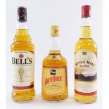 Three bottles of whisky, comprising Scotch Single Malt Whisky, Bell's Blended Scotch Whisky, and Whi