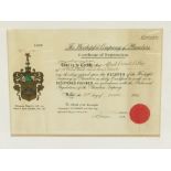 A Worshipful Company of Plumbers Certificate of Registration, for Alfred Ernest Lilly, dated 1949, w