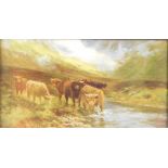 A Victorian style cattle print, depicting cows in the moorland, 24cm x 44cm, in modern polished fram