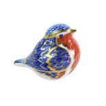A Royal Crown Derby robin paperweight, gold stopper, 9cm high, boxed.