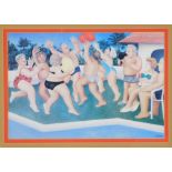 After Beryl Cook. Pool party with balloons, print, 20cm x 29cm, framed and glazed.