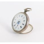 A Continental silver fob watch, with white enamel dial and painted blue flower detailing, black Roma