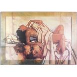 A large print of draped lady on sofa, print on board, in matched outer frame, 63cm x 100cm.