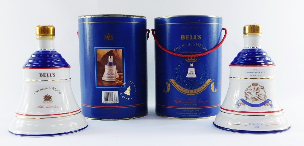 Two Bell's Scotch Whisky commemorative decanters, for Princess Beatrice, both to commemorate the bir