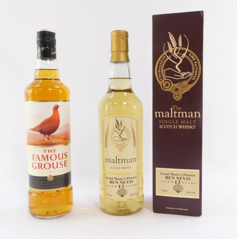 Two bottles of Scotch Whisky, comprising The Famous Grouse, 70cl, and The Maltman Single Malt Scotch