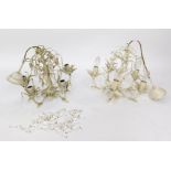 A pair of Laura Ashley cast white metal five branch chandeliers, each with leaf and vine droplet des