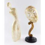 Two modern art sculptures, comprising a Capiz design mother of pearl type finish figure, 39cm high,