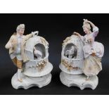 A pair of continental late 19thC bisque porcelain figures, of a gallant and lady, each modelled stan